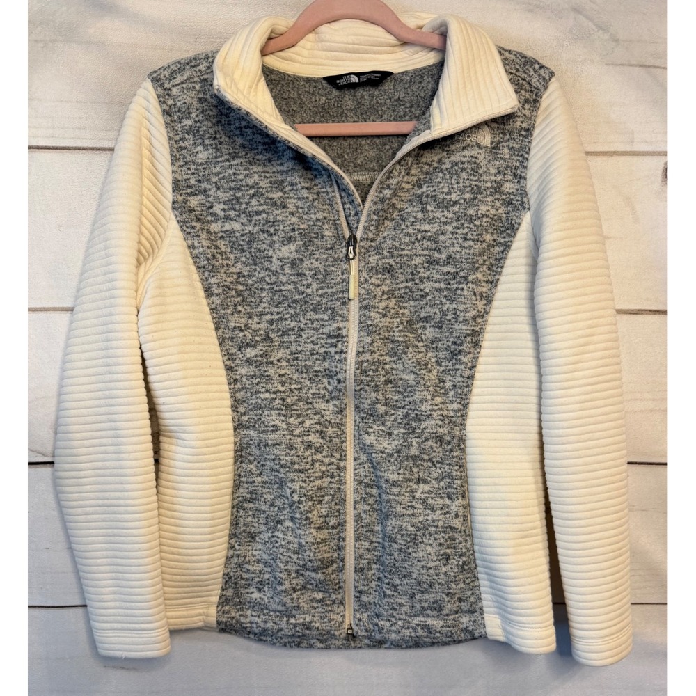 The North Face Womens Grey Heathered Fleece Ribbed Knit Full Zip Jacket Medium